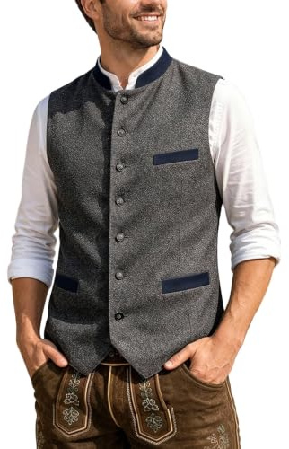 Oktoberfest Weste Herren Trachten Gilet Elegant mit Stehkragen Taschen Knopfleiste für Wiesn Party Fest