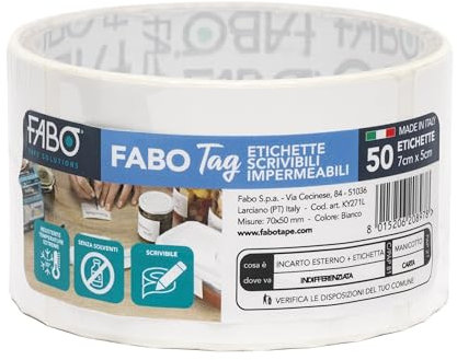 Fabo 50 Etichette Adesive Impermeabili Removibili 7cmx5cm Bianche Scrivibili Multiuso Ideali per Freezer, Congelatore, Frigorifero. Senza Solventi. Adatto Usi in Cucina per Barattoli Haccp.