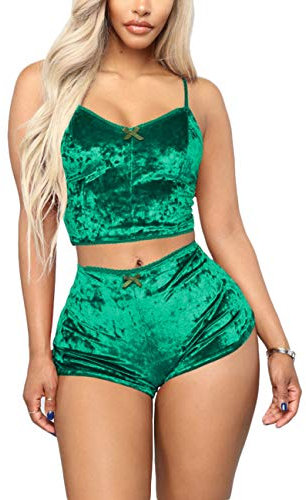 Angsuttc Damen Samt 2-teiliges Outfit Spaghettiträger ärmelloses Crop Top + Shorts Set, Grün , XL