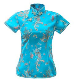 ACVIP Chemisier chinois à manches courtes pour femme Motif dragon Phoenix Qipao, bleu clair, 38