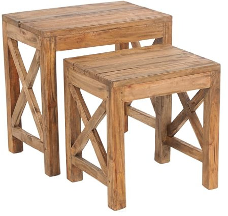 DESIGN DELIGHTS 2ER Set BEISTELLTISCH Flora | Mahagoni Holz, 47/39x46/36x30/30cm (HxBxT) | Blumentisch, Tischset, Holzhocker, Couchtisch
