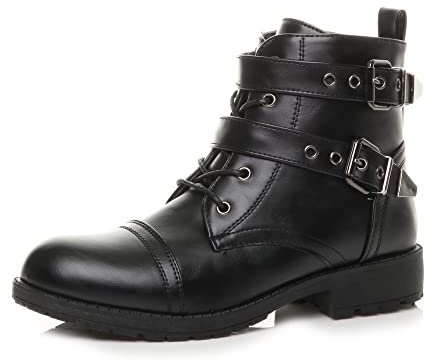 AJVANI mid block heel strappy army combat biker ankle boots size 6 39