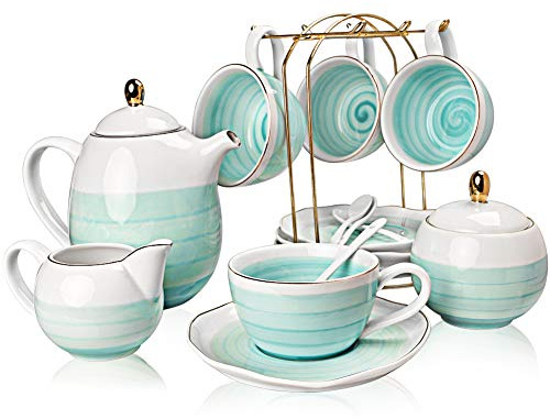 Sweejar Porcelain Tea Sets, 225 ml Cups and Saucer Teaspoon Set of 4, with Teapot Sugar Bowl Cream Pitcher and Tea Strainer for Tea/Coffee,Afternoon Tea Party (Blue)