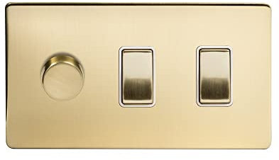 Soho Lighting Brushed Brass 3 Gang Light Switch with 1 dimmer (2X 2 Way Switch & Trailing Dimmer) Wht Ins Screwless
