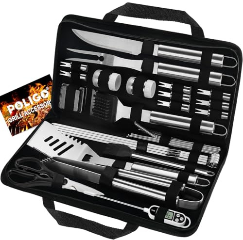 POLIGO 29-teiliges Grillzubehör-Set aus Edelstahl, Grillwerkzeug-Set mit Aufbewahrungstasche für Vatertag, Väter, Geburtstagsgeschenke – Camping-Grillutensilien-Set, ideales Grillgeschenk für Männer