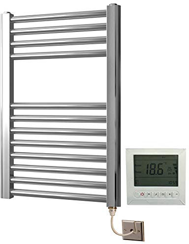 Greened House Electric 400 wide x 600 high Flat Chrome Towel rail with 7 Day Programmer/Room Thermostat