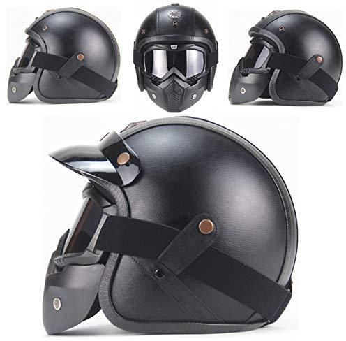 MRDEAR Jethelme Vintage mit Visier Brille Maske, Matt Schwarz/ Handgemachtes/ PU-Leder, Rollerhelm Retro Unisex Scooter-Helm Roller Chopper Bobber Vespa Sturz-Helm Motorradhelm Damen Herren,XL