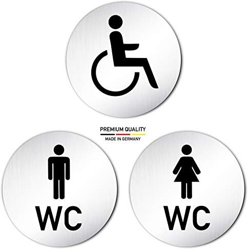 Türschilder24 XXL Toilettenschilder • Set aus 3 Schildern: 1x Damen WC 1x Herren WC 1x Rollstuhl Pikto • Ø 100mm • Aluminium (eloxiert) • Türschild Hinweisschild