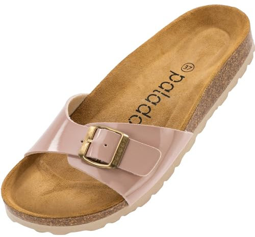 Palado Pantoletten Damen Malta Lack – gefertigt in Spanien – Glänzendes Obermaterial – EVA-Sohle – Veloursleder-Decksohle – Weichfußbett Rosa UK5,5 - EU38