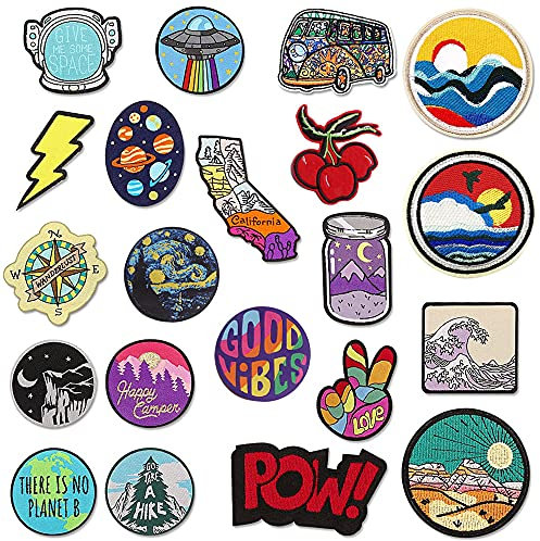Woohome Broderie Patch Thermocollant, 20 PCS Mixte Espace Cerise Bouteille Autocollant de Patch Appliques Thermocollant ou Ecusson à Coudre pour Vêtement T-shirt Jeans Veste