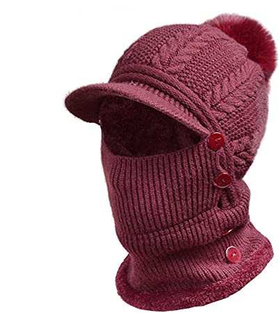 PAIDAXING Damen Wollmütze Strickmütze Schal Set 2 in 5 Warm Wintermütze Outdoor Radfahren Wander Nackenwärmer Visor Cap Schirmmütze mit Pompon Mütze