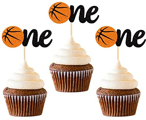 24 Stück One Cupcake Toppers Glitter Basketball Kuchen Topper ,Kuchen zum ersten Jahrestag Kinder 1st Geburtstag Party Kuchendekorationen Zubehör