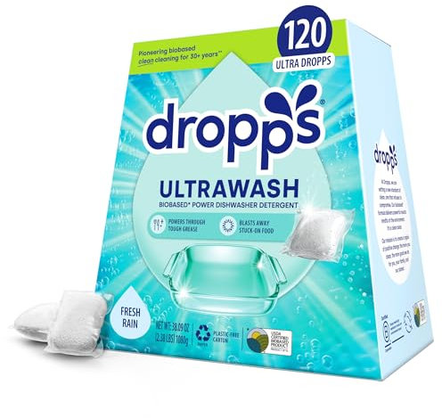 Dropps Dishwasher Detergent | Fresh Rain, 120 Pods | Deep Cleans for Sparkling, Shiny Dishes| Low-Waste Packaging | No Rinse Aid or Pre-Wash Needed | Powered by Natural Mineral-Based Ingredients