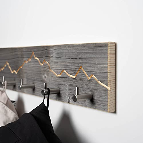Garderobe aus Altholz mit Berg Motiv | handgefertigt in Bayern | Garderobenleiste Holz | Hakenleiste Wand-Deko Berge (85cm (7 Haken), Edelstahl Haken)