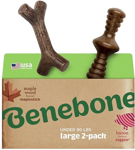 Benebone Confezione da 2 bastoncini di acero indistruttibili per masticatori aggressivi, a lunga durata, resistenti alla noia per cani, vero sapore di pancetta e legno d'acero, per cani di grossa