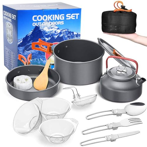 aiGear Camping Cooking Set | Portable Lightweight Aluminum | Camping Pans and Pots Set | Outdoor Traveling Cooking Utensils Kit | for Trekking Hiking Picnic (CC5339OR)