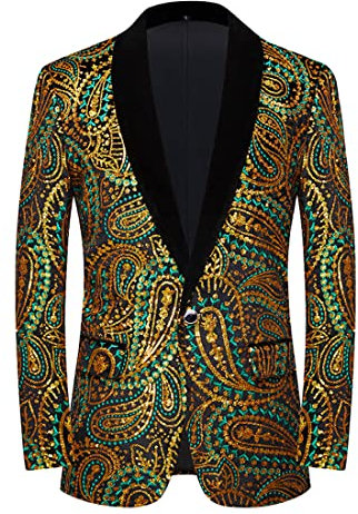 PYJTRL Giacca da Uomo con Paillettes Lucide Giacca Classica da Abito Floreale Moda, Adatta per Feste, Matrimoni, Banchetti, Balli,Green Gold,XS