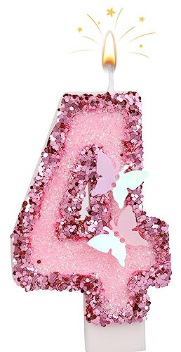 SAVITA 7cm Geburtstag Nummer Kerzen, Glitzernde Zahlenkerze Rosa Zahlenkerzen Kuchenaufsatz Schmetterlings-Geburtstagskerzen mit Pailletten für Jubiläumsfeiern (Nummer 4), (I04001-10)