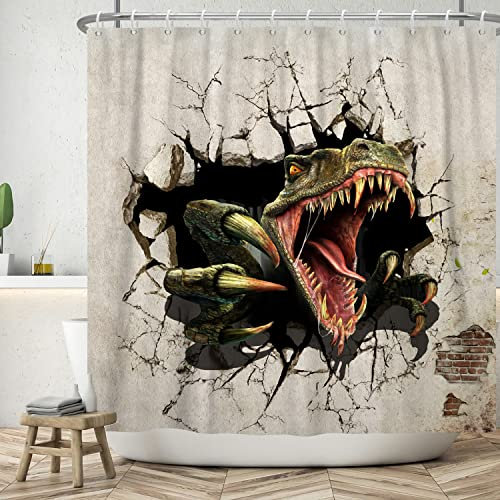 ASDCXZ Lustig Duschvorhang 180x200 cm, Vintage Wand Witzig Dinosaurier Mauerbruch Bad Waschbar Duschvorhänge Polyester Textil Wasserdicht Badevorhang für Badewanne mit 12 Haken