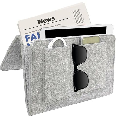 QianFenShi Betttasche zum Einhängen,Bett Organizer zum Einhängen,Bettaufhänger-Aufbewahrungstasche,Aufbewahrungstasche Bett,Dicke Filz,Anti-Rutsch,für Handy,iPad,Buch,Brille,Fernbedienung (Hellgrau)