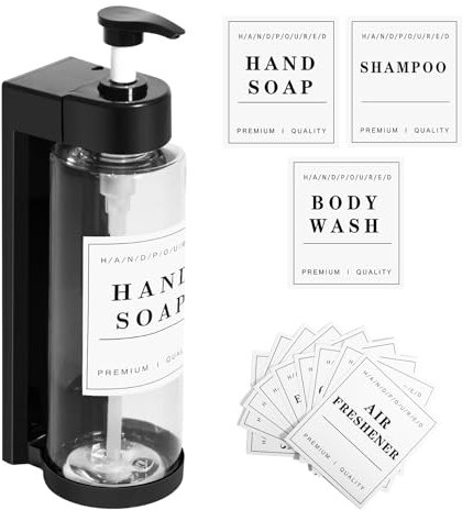 Seifenspender Wandbefestigung, 300ML Seifenspender Set, Shampoo Flaschen zum Befüllen, Duschgel Spender mit Wasserfesten Etiketten, Nachfüllbarer Seifenspenders für Badezimmer, Hotel, Küche