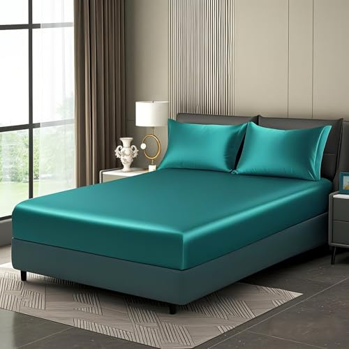 Luowei Satin Spannbettlaken 180x200cm Seidig Kühlend Sommer, Grün | Seidiger Glanz Boxspringbett Spannbettlaken, Weich und Komfortabel, mit Rundum-Gummizug für 25-30 cm höhe matratze