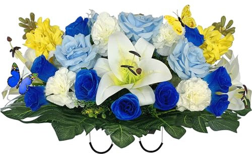 Saxili Cemetery Flowers for Grave Decoration-Headstone Flower Saddle for Memorial Day-Artificial Blue Rose White Lily Carnation Yellow Hyacinth-Colorfast