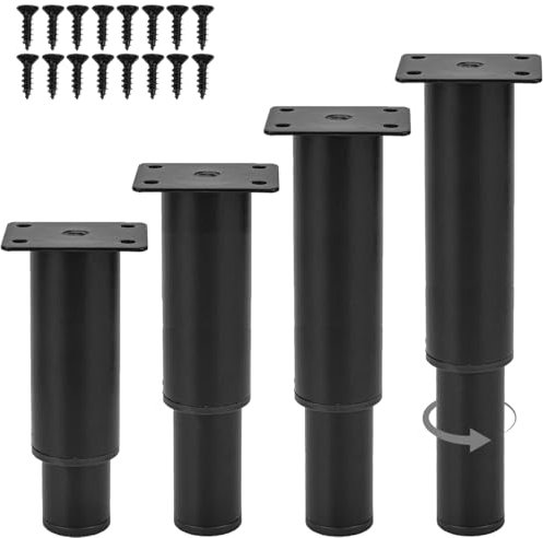 TCHOSUZ Lot de 4 pieds de meubles réglables en métal de 25 à 42 cm, robustes pour cadre de lit central, pieds de rechange pour armoire, canapé, meuble TV, chaise, bureau - Noir
