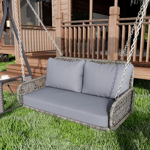 Merax PE-Rattan Hängesessel Outdoor, Hängestuhl mit Kissen und 2 Ketten (240 cm/Stück), belastbar 320 kg, Grau (ohne Rahmen)