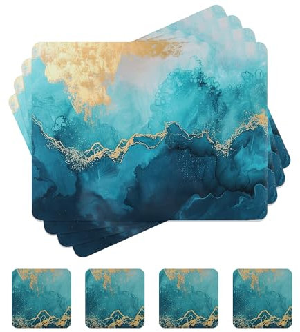 fanquare Sets de Table pour la Salle à Manger avec Une Texture de marbre et Une Base en liège Souple - Sets de Table résistants à la Chaleur, Set de 4, Bleu, 41x31cm avec Dessous de Verre
