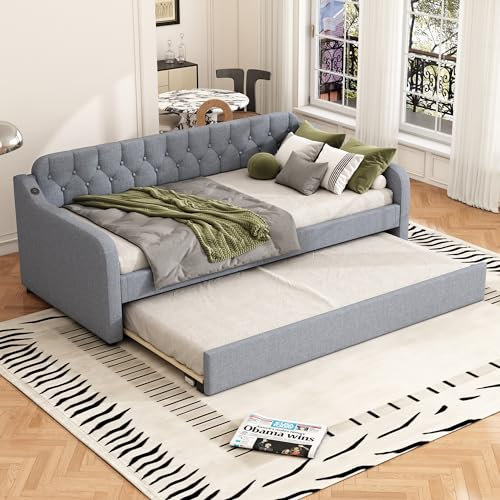 【90x200cm Ausziehbares Schlafsofa】Tagesbett mit Rollfunktion & USB-Ladeanschluss, grau | Platzsparendes Gästebett mit Lattenrost, 200kg Belastbarkeit | MDF Holzrahmen, Stoffbezug, Ohne Matratze