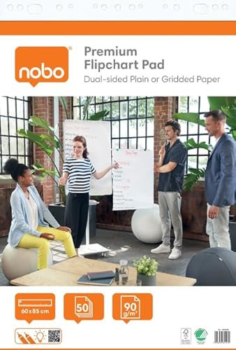 Nobo Premium Flipchart-Block 60 x 85 cm, doppelseitiges Flipchart-Papier, blanko & kariert, 50 Blatt, 90g/m², 2er-Pack, flach verpackt, für Meetings & Brainstorming überall, 1915658