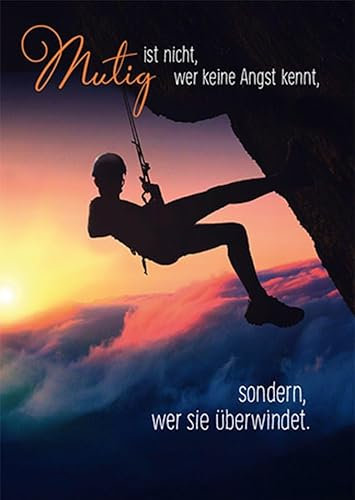 Gutsch Verlag Mut & Abenteuer Postkarte – Inspirierende Lebensweisheit, Angst überwinden, Kletter-Silhouette beim Sonnenuntergang