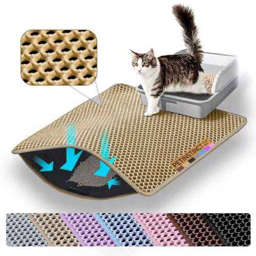 Petinstinct Grand Tapis Litière Chat, 75x55 cm, XL, Beige | Structure Alvéolée à Double Couche, Capture Efficace de la Litière, Lavable, Durable et Résistant aux Griffures, Antidérapant