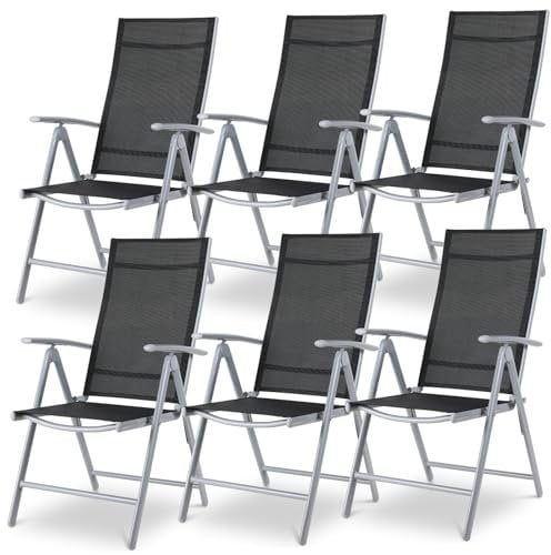 LIFERUN Gartenstuhl Hochlehner 6er Set, Aluminium Klappstuhl mit 7-Fach Verstellbar Rückenlehne, Alu Balkonstuhl, Klappbar Campingstuhl, Atmungsaktiv & Wetterfest, Silbergrau 6pcs