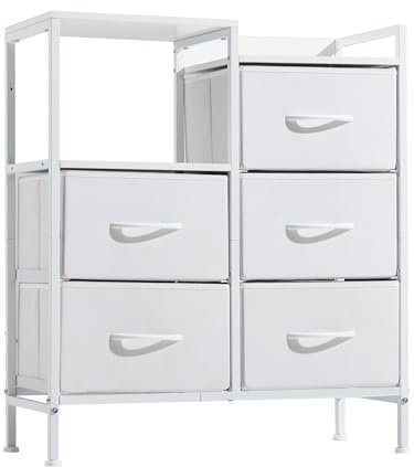 EROMMY Kommode mit Schubladen,Sideboard mit 5 Stoffschubladen,Metallgestell,PU-Leder Stoffkommode für Schlafzimmer, für Wohnzimmer, Flur, Büro-Weiß