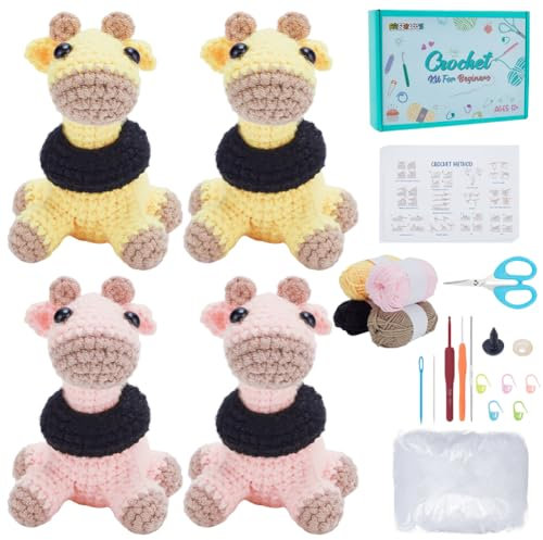 FREEBLOSS 4 Häkelset Für Anfänger. Häkel Starterset „Giraffen“ Mit Videoanleitungen Häkelset Tiere Gehäkeltes Giraffen Set Für Erwachsene Frauen Und Männer Komplettes Set