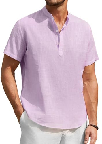 Enlision Mens Linen Shirt Short Sleeve Lilac Grandad Shirts for Men Summer Casual Collarless Shirt Solid Color Beach Holiday Henley Tops L