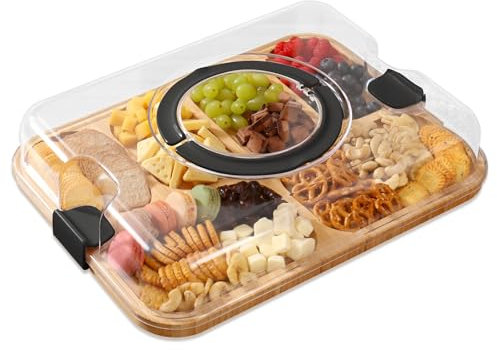 KHINYA Tagliere per salumi con coperchio, tagliere portatile per formaggi da viaggio, comodo coperchio con manico e serrature (carbone)
