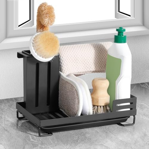 AiQInu Organizador Fregadero Cocina con Bandeja de Drenaje Desmontable, Soporte Estropajo Fregadero de Acero Resistente, Porta Estropajos Fregadero para Cocinas y Baños, 25 x 15 x 16.5 cm (Negro)