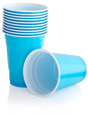 Persy Party Reusable Beer Pong Cups for Party (25 Pack) - Colourful Easy Grip 16oz Plastic Cups - BPA-Free & Shatterproof Plastic Drinking Cups for Beer, Cocktail, Soda & Cold Drinks - Light Blue