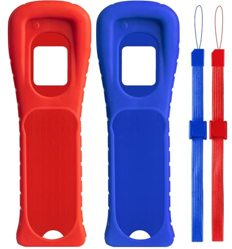 2 fundas de silicona con correa de muñeca para mando a distancia Wii (azul y rojo)