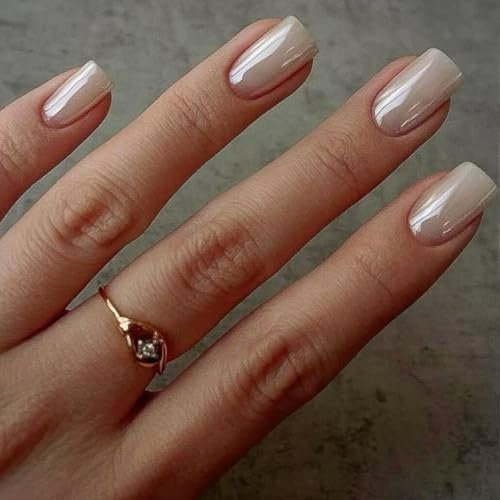 KQueenest Chrome White Press on Nails Short Square Glazed Glitter False Nails Short, Luxury Design Acrylic Fake Nails Set with Bling Mirror Effect Stick on Nail for Women Finger Decoration 24 Pcs
