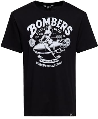 King Kerosin Herren T-Shirt · Shirt · Retro · Vintage · Herrenshirt · Print · Logodruck · Monochrom Print · Kurzarm · Rundhals · Schwarz · Zeitlos · Rockabilly · 50s · Bombers