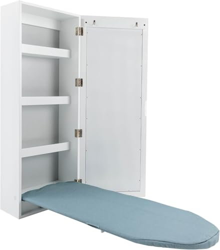 Wall Mounted Ironing Board Cabinet, Foldable Hanging Ironing Board with Mirror, Fold Down Wall Mount Ironing Center for Small Spaces with Fold Up & Down Built in Ironing Board - White, 6.89in