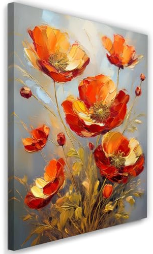 Feeby Leinwandbild - Bilder Wohnzimmer - Blumen Roter Mohn Natur Gold - 40x60 1tlg - Deko Schlafzimmer - Wanddekoration - Aesthetic - Groß Moderne Bild - Foto auf Leinwand