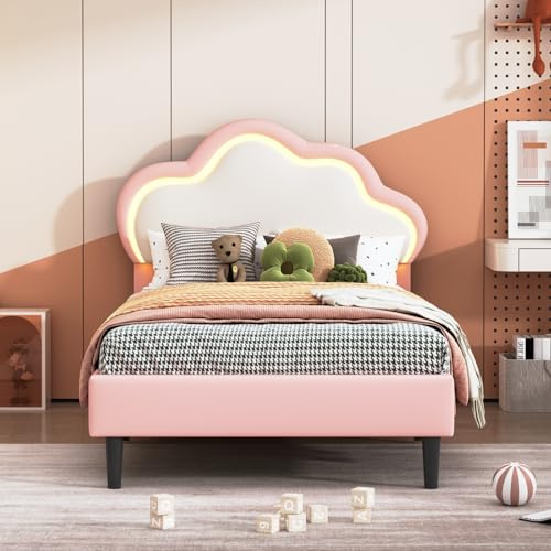 Mokylor Kinderbett Polsterbett 90x200 mit LED, Prinzessinnen-Betten mit Verstellbares Kopfteil, Einzelbett für Mädchen mit EIN Kopfteil in Form Einer Wolke und Lattenrost, PU (Rosa)