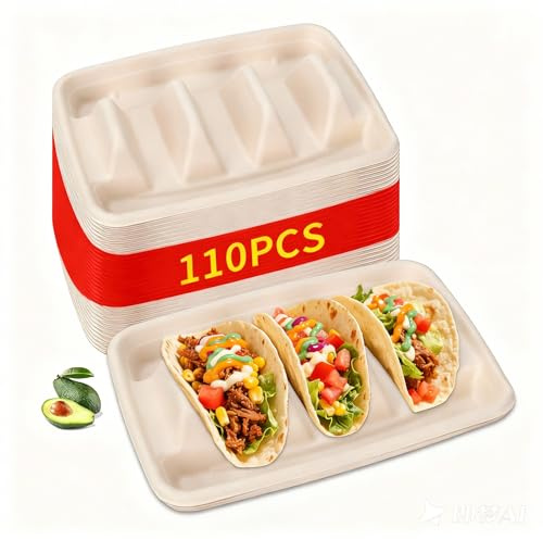 FufuHalo 110 Pack Disposable Taco Holders,Taco Plates Disposable with 3 Dividers for Taco Tuesday Decorations and Party Taco Bar Serving Set