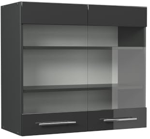 Vicco Küchenglasschrank Fame-Line, Anthrazit Hochglanz, 80 cm | MDF-Front · Soft-Close · Tiefe – 34,1 cm · Metallgriffe · ✓ Alles im Blick