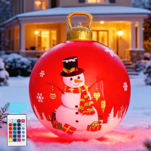 LORESJOY Aufblasbare Weihnachtskugel, 60cm Groß Leuchtende LED Weihnachtsball, Weihnachtsdeko Aufblasbare PVC Weihnachtskugeln für Hochzeit Home Decor Hof Außendekoration (Rot-1)